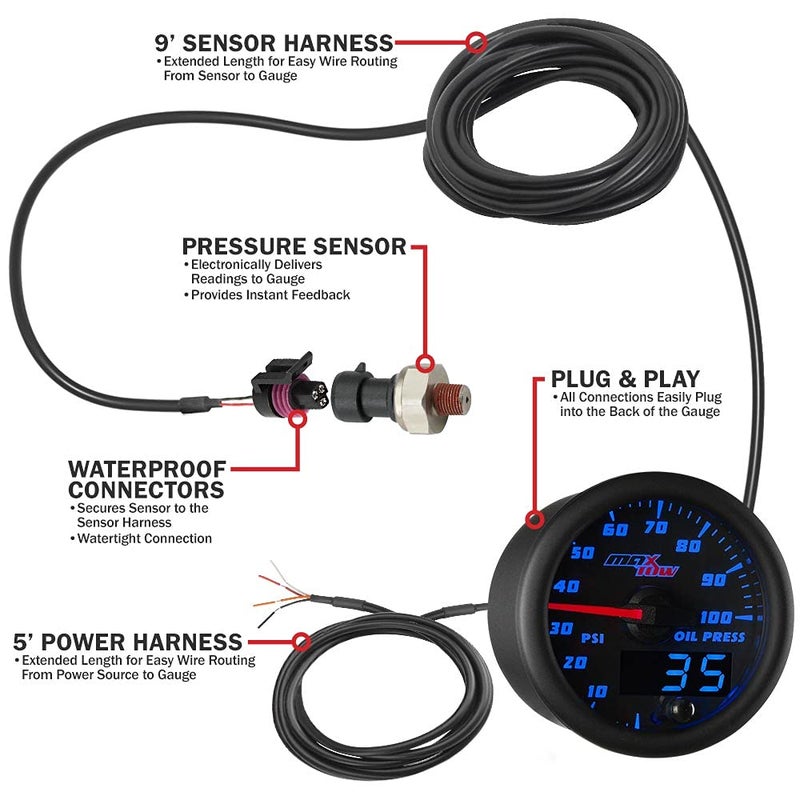 MaxTow Double Vision 100 PSI Oil Pressure Gauge Kit - Includes Electronic Sensor - Black Gauge Face - Blue LED Illuminated Dial - Analog & Digital Readouts - for Trucks - 2-1/16" 52mm - Image 3